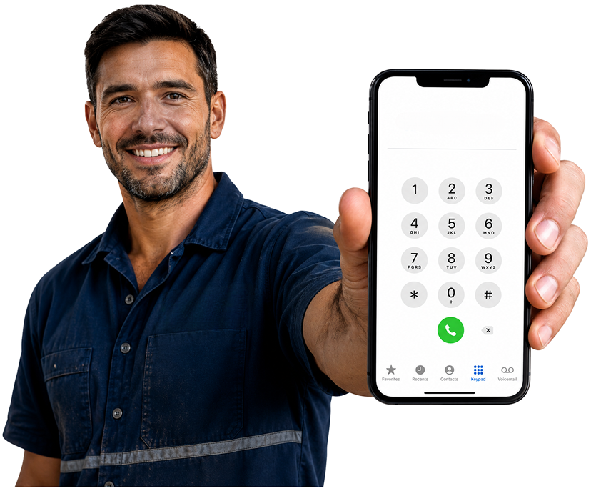 Beaumont Hills Blocked Drains plumber holding a phone — call 1300 261 965