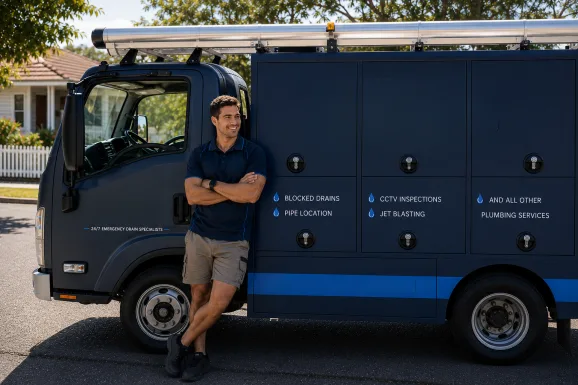 Plumber standing beside a service van in Beaumont Hills