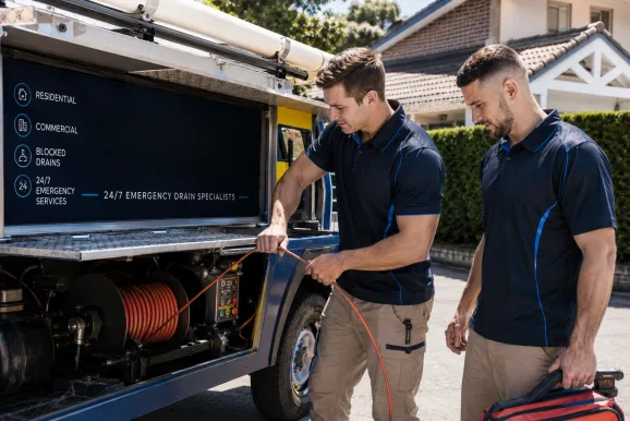 Two plumbers working on a blocked drain in Beaumont Hills