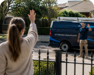 Customer waving goodbye to a Beaumont Hills Blocked Drains plumber